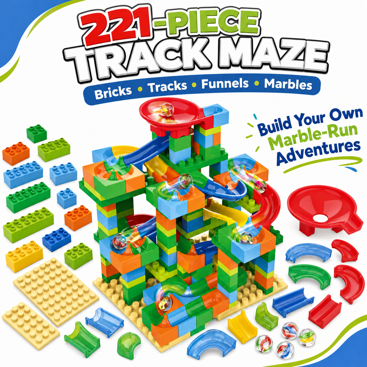Kids Track Maze Building Blocks & Marble Run Set, 221 Pieces, Ages 3+