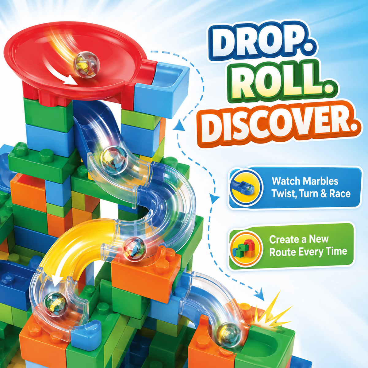 Kids Track Maze Building Blocks & Marble Run Set, 221 Pieces, Ages 3+