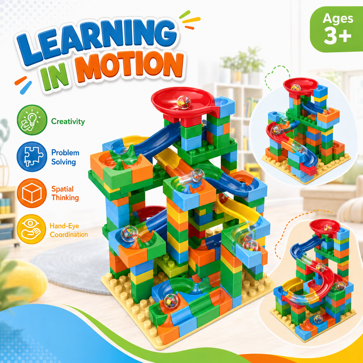 Kids Track Maze Building Blocks & Marble Run Set, 221 Pieces, Ages 3+