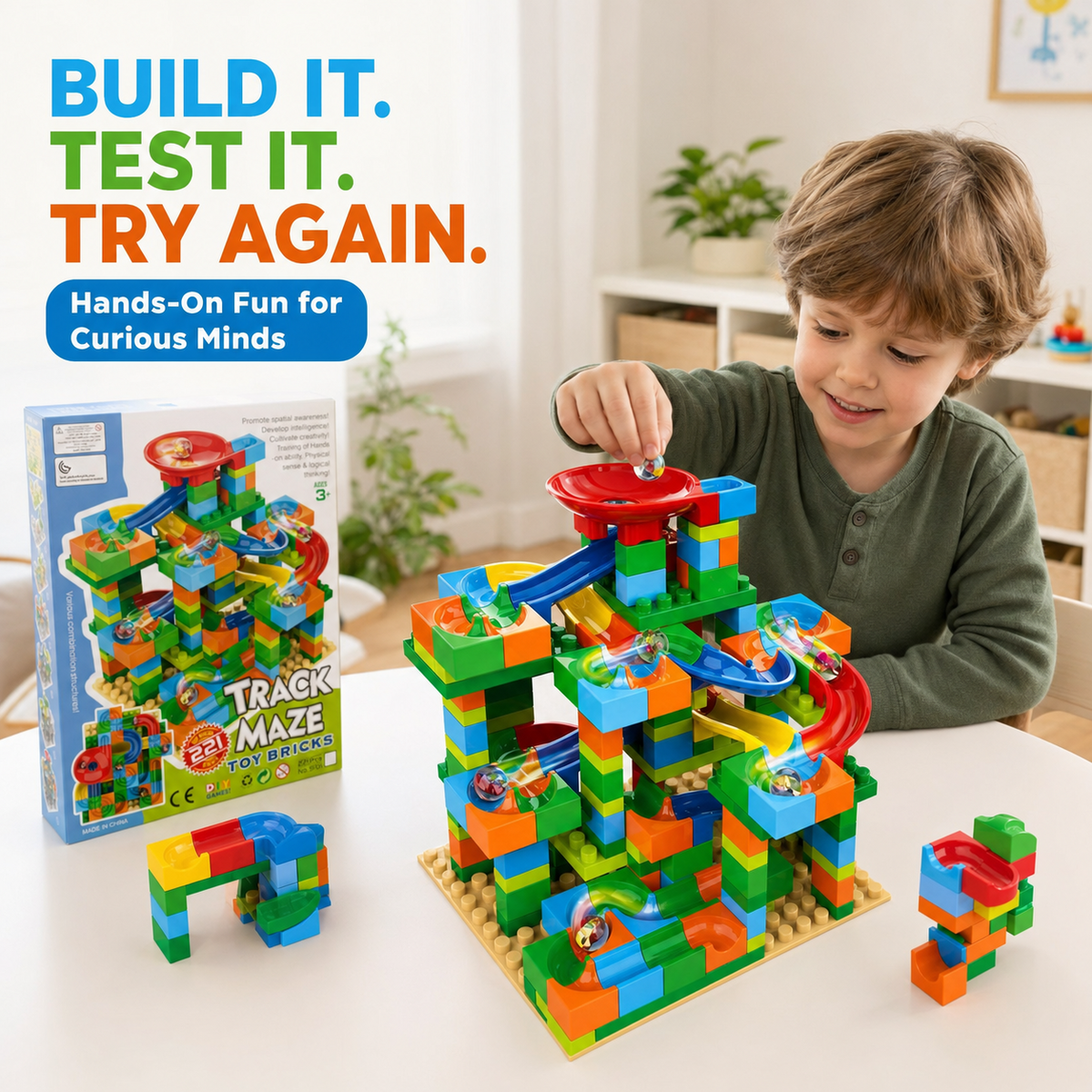 Kids Track Maze Building Blocks & Marble Run Set, 221 Pieces, Ages 3+