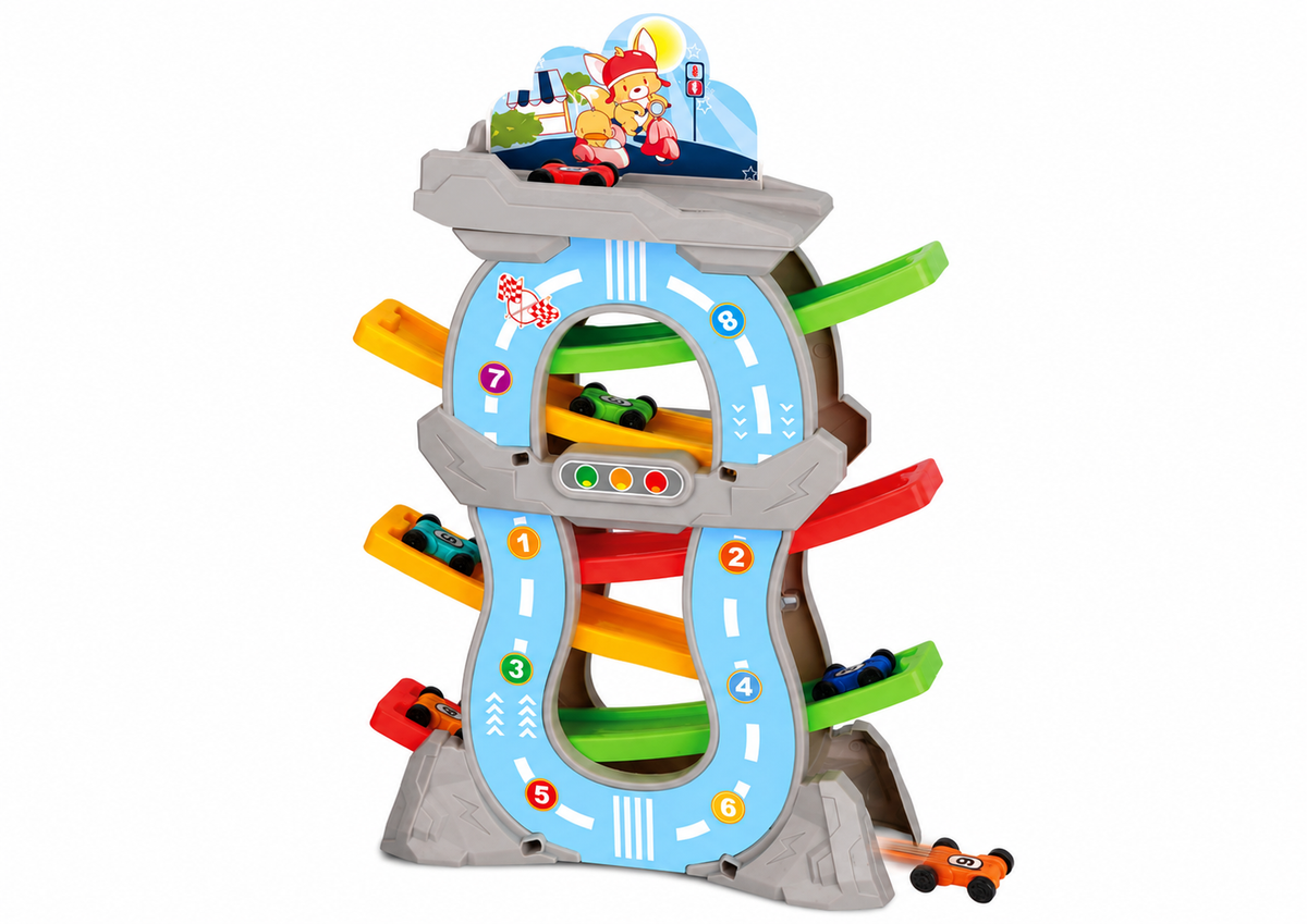 Kids Gliding Race Track Tower with 6 Curved Ramps and Mini Cars