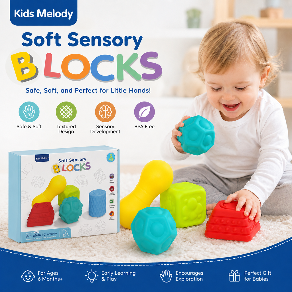 Soft Sensory Blocks for Babies, 5-Piece Textured Stacking Toy, Ages 0+