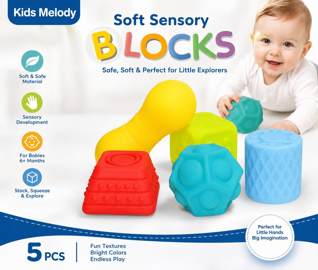 Soft Sensory Blocks for Babies, 5-Piece Textured Stacking Toy, Ages 0+