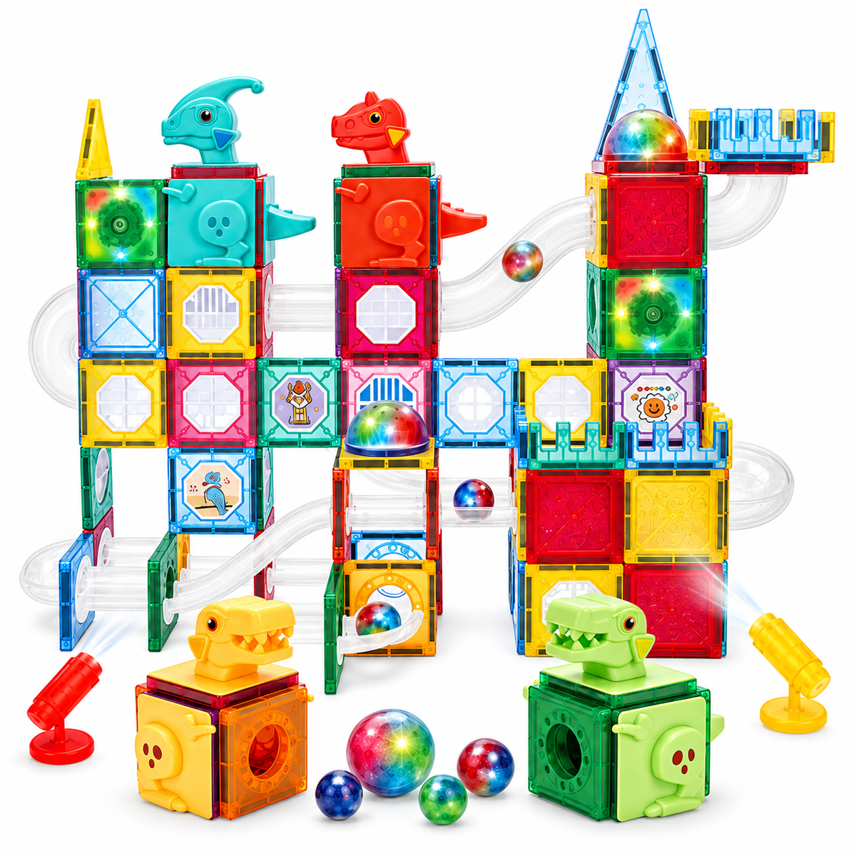 Kids Magnetic Tiles & Marble Run Set with Dinosaurs, 220 Pieces, Ages 3+