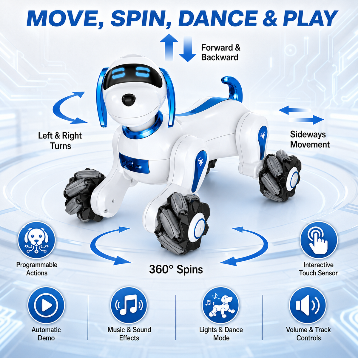 Smart RC Robot Dog with Touch Sensor, Music, Lights & 360° Spins, Ages 6+