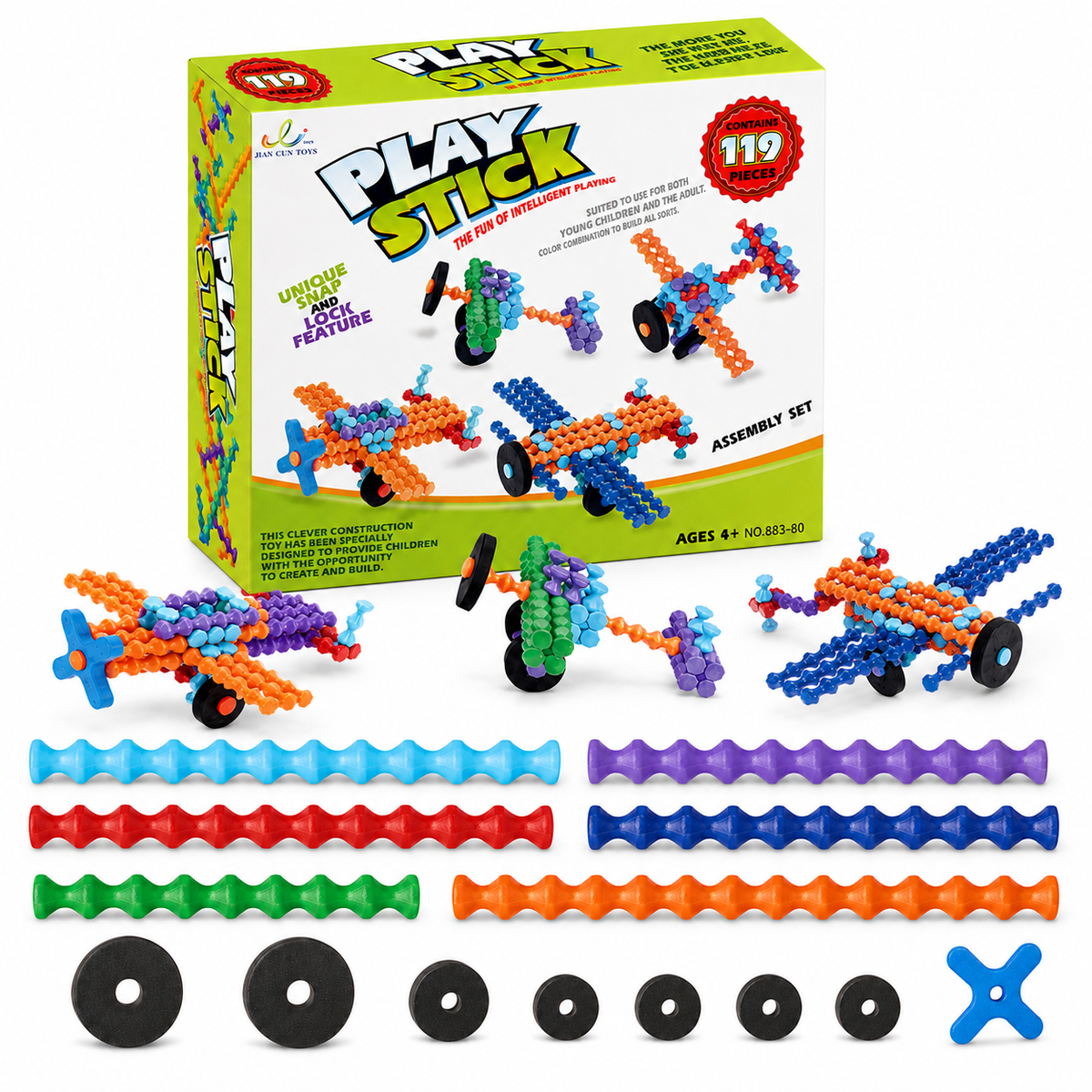 119-Piece Snap-Together Building Sticks Set with Wheels, Ages 4+