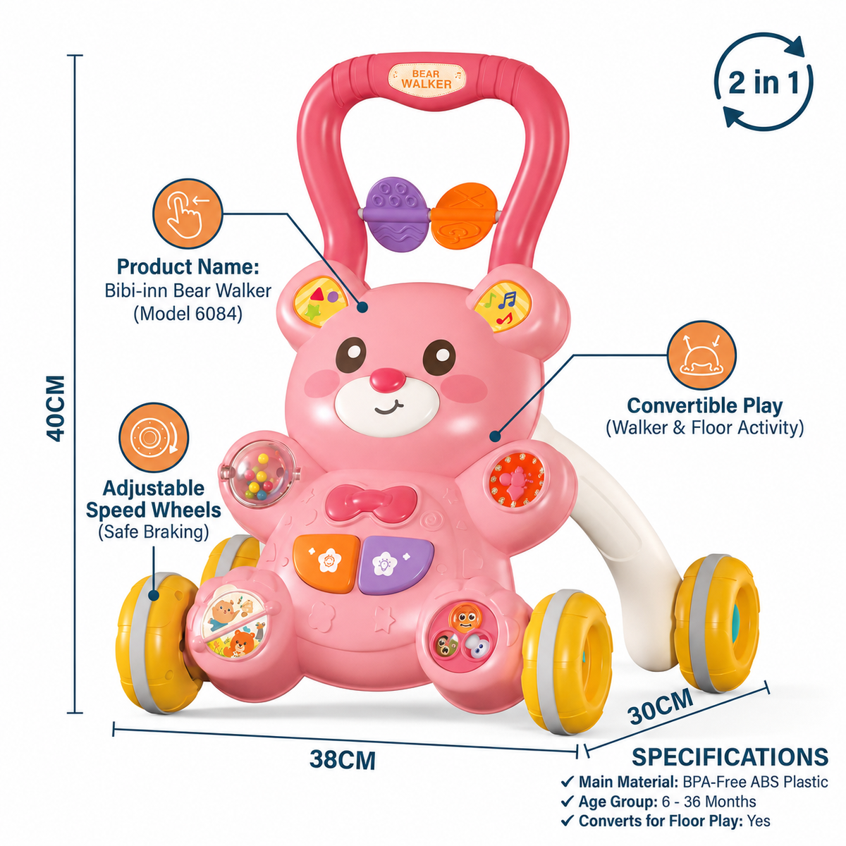 2-in-1 Bear Baby Walker & Activity Table with Lights & Sounds 0M+