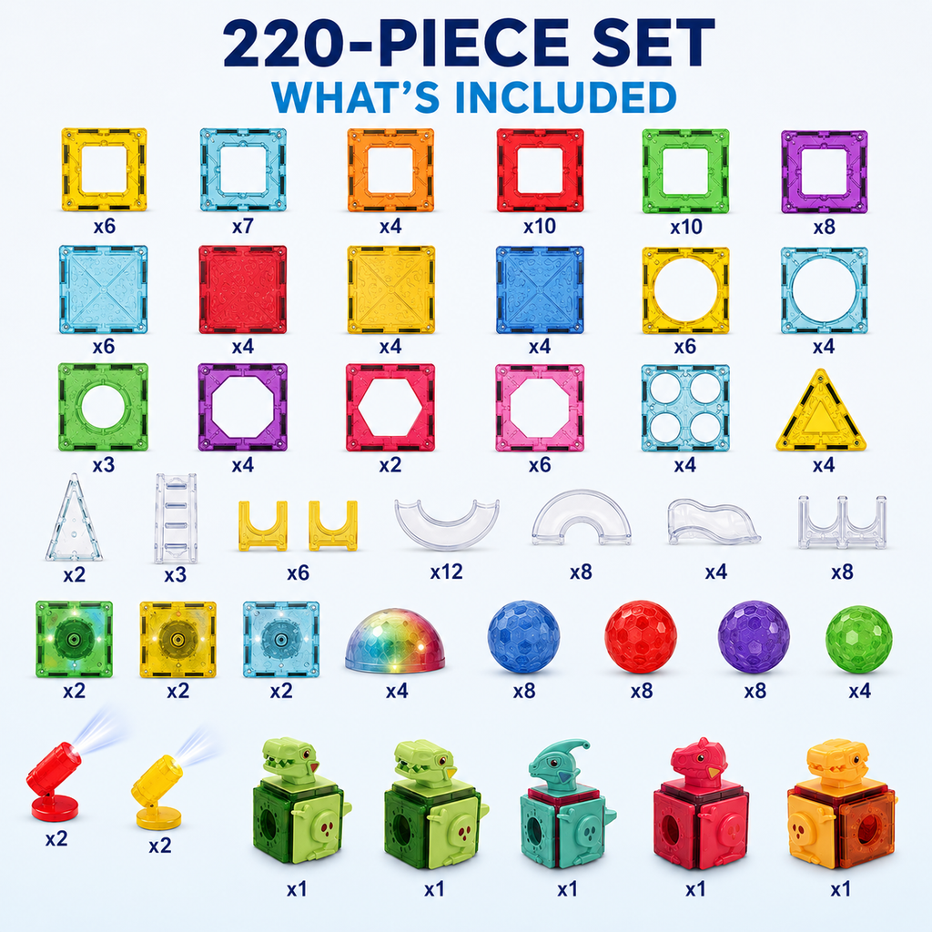 Kids Magnetic Tiles & Marble Run Set with Dinosaurs, 220 Pieces, Ages 3+